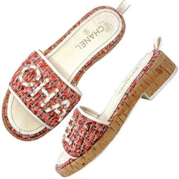Chanel Logo Tweed Cork Slide Sandals 38.5 Coral CR21 Cruise 2021 - Picture 1 of 11